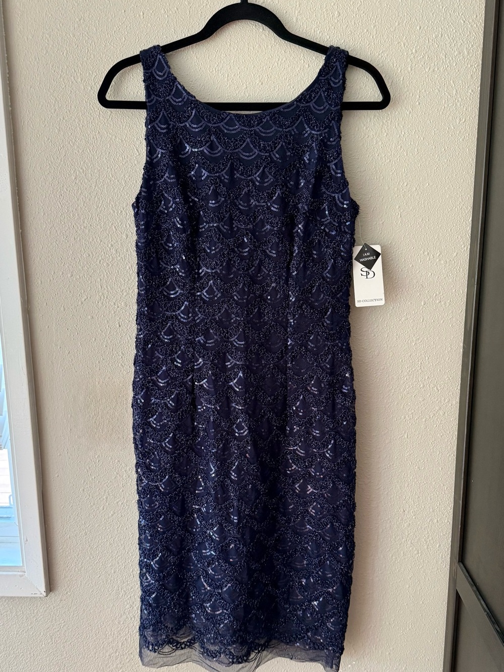 SD Collection sleeveless Navy Beaded Sequin Sheath Cocktail Dress